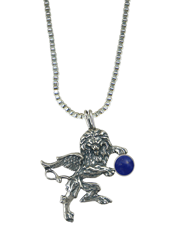 Sterling Silver Winged Lion of the Royal Court Pendant With Lapis Lazuli